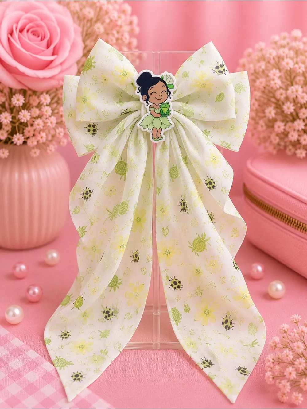 Girls' Green Floral Long-Tail Bow Hair Clip with Character Accent